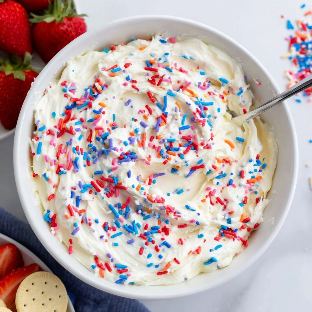 Red White And Blue Funfetti Dip chilled, fluffy texture paired with vanilla wafers