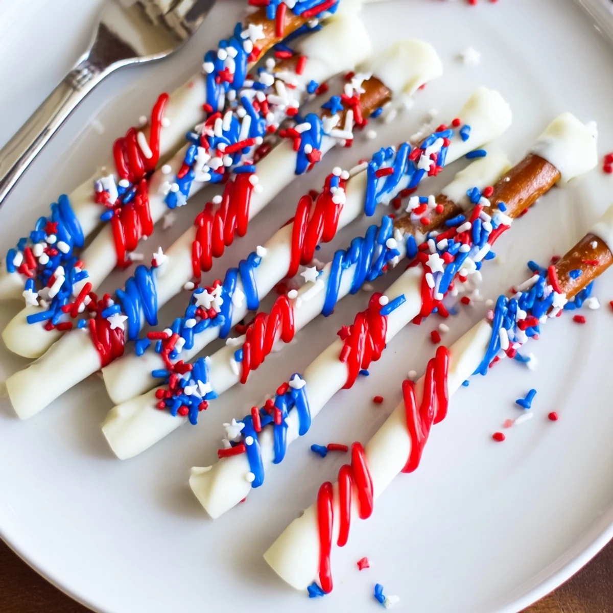 Patriotic Pretzel Rods glistening with white chocolate, red and blue drizzle
