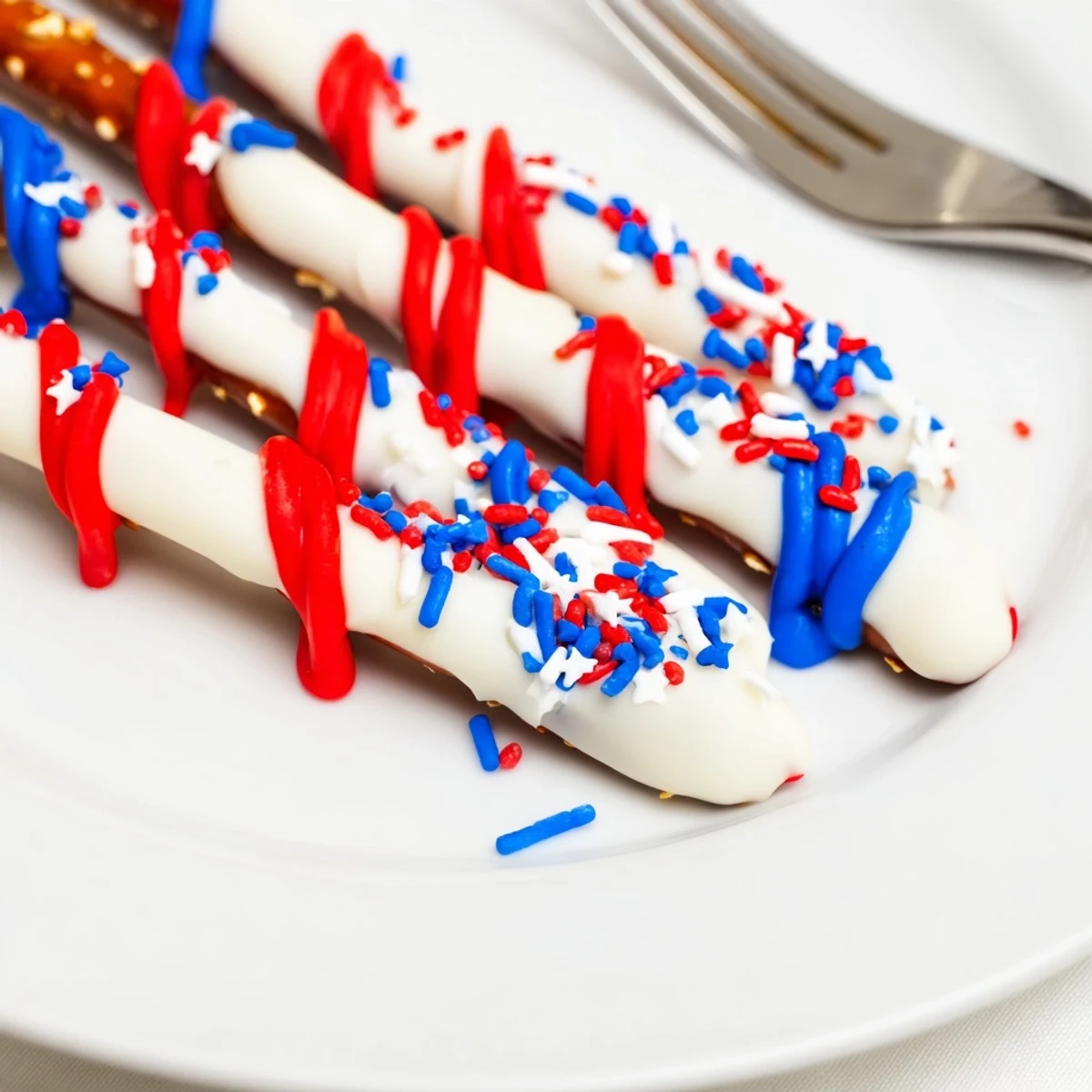 Crunchy Patriotic Pretzel Rods cooling on parchment, sprinkled with festive nonpareils
