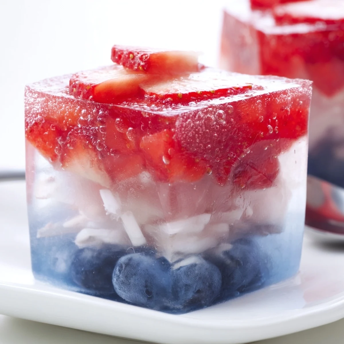 Close-up of Red White And Blue Ice Cubes Recipe chilling lemonade with vibrant colors
