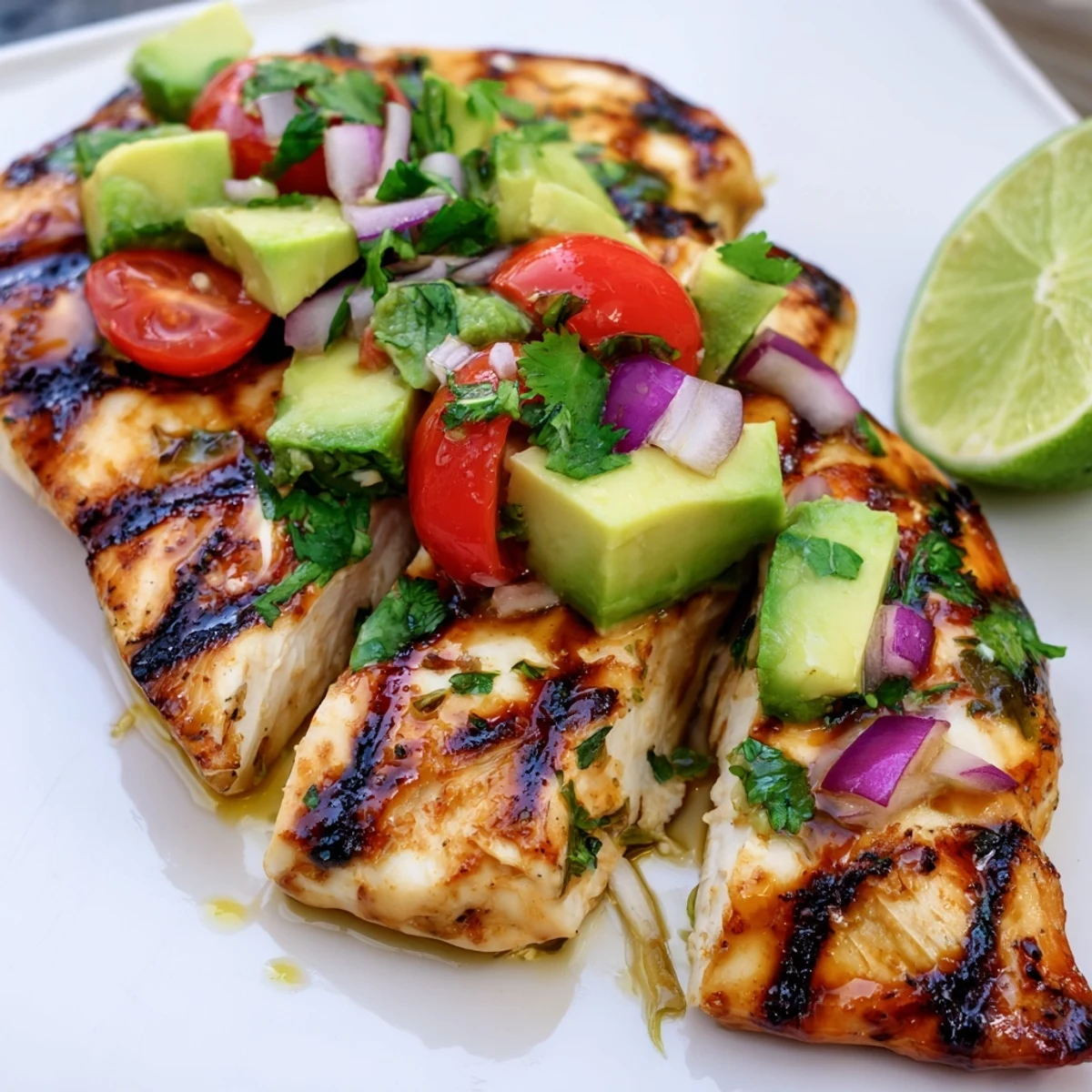 Grilled Fiesta Lime Chicken With Avocado topped with fresh cilantro and lime