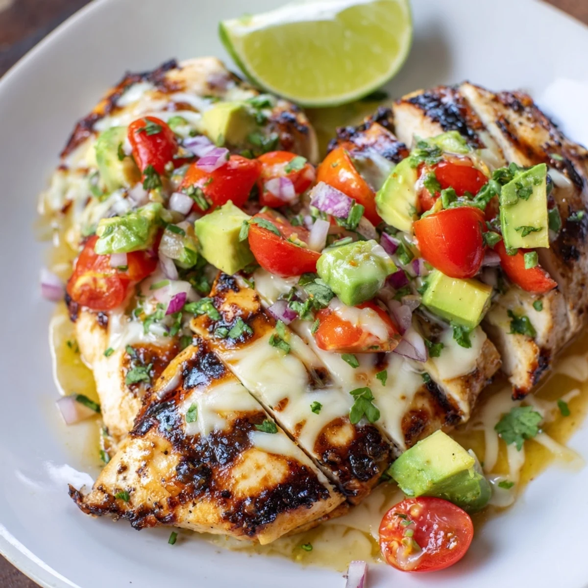 Marinated Fiesta Lime Chicken With Avocado plated beside creamy tomato-cilantro relish