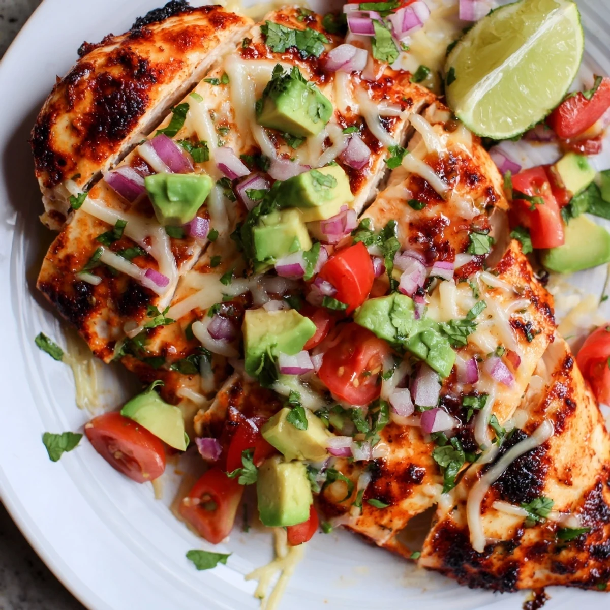 Sizzling Fiesta Lime Chicken With Avocado finished with melted cheese and lime wedges