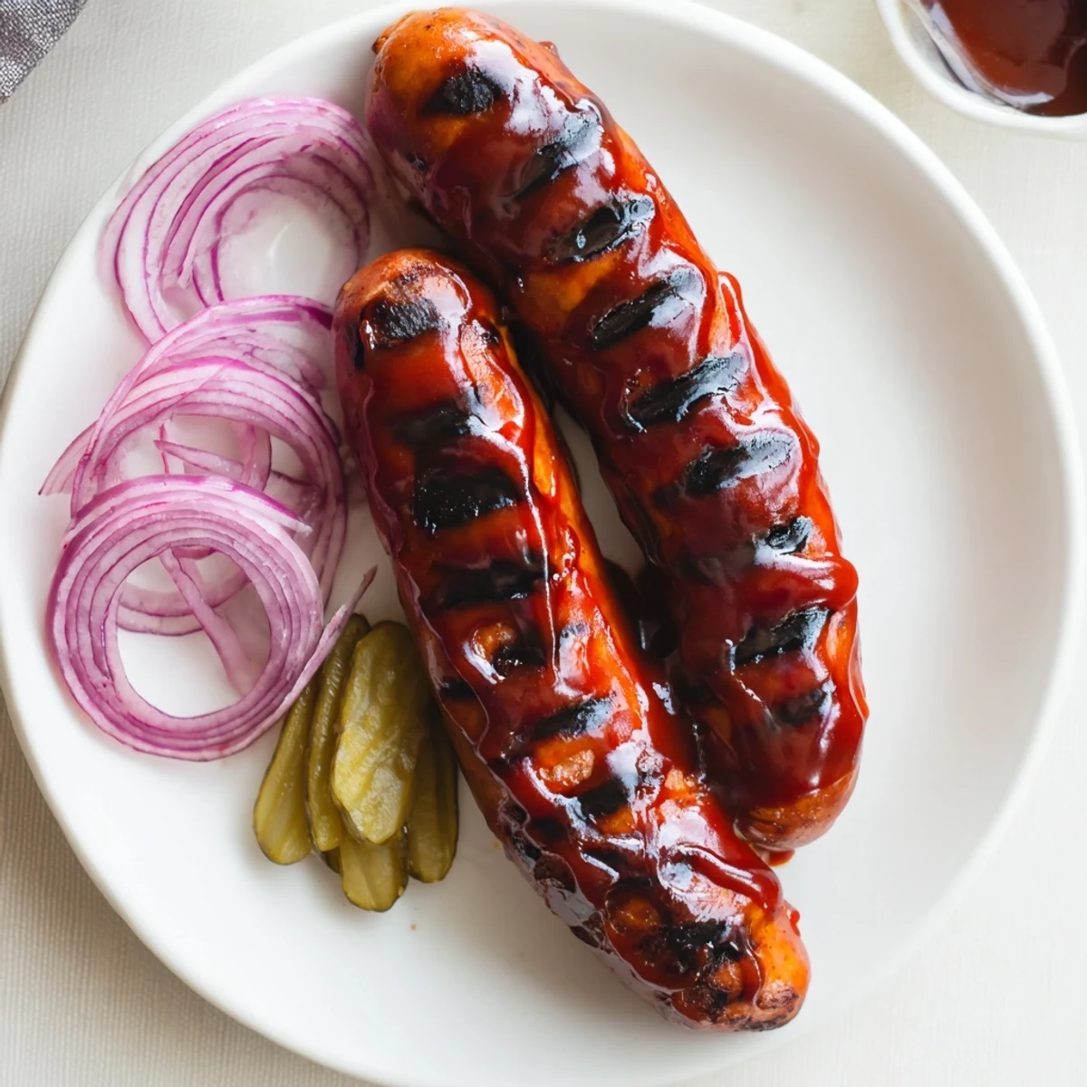 BBQ Sausage Recipe: grilled sausages glazed with tangy sauce, buns steaming