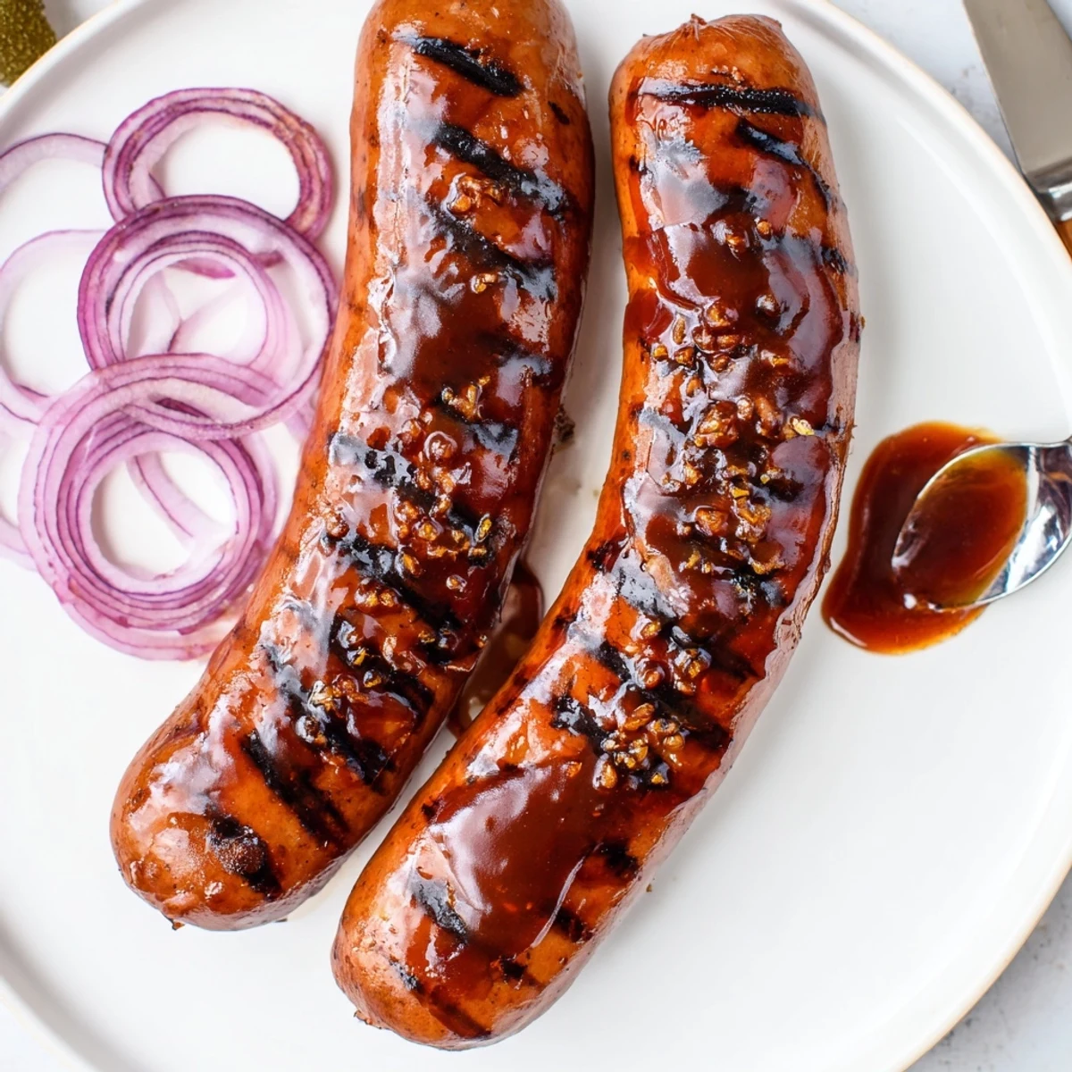 Smoky, caramelized BBQ Sausage Recipe on a hot grill, ready to serve