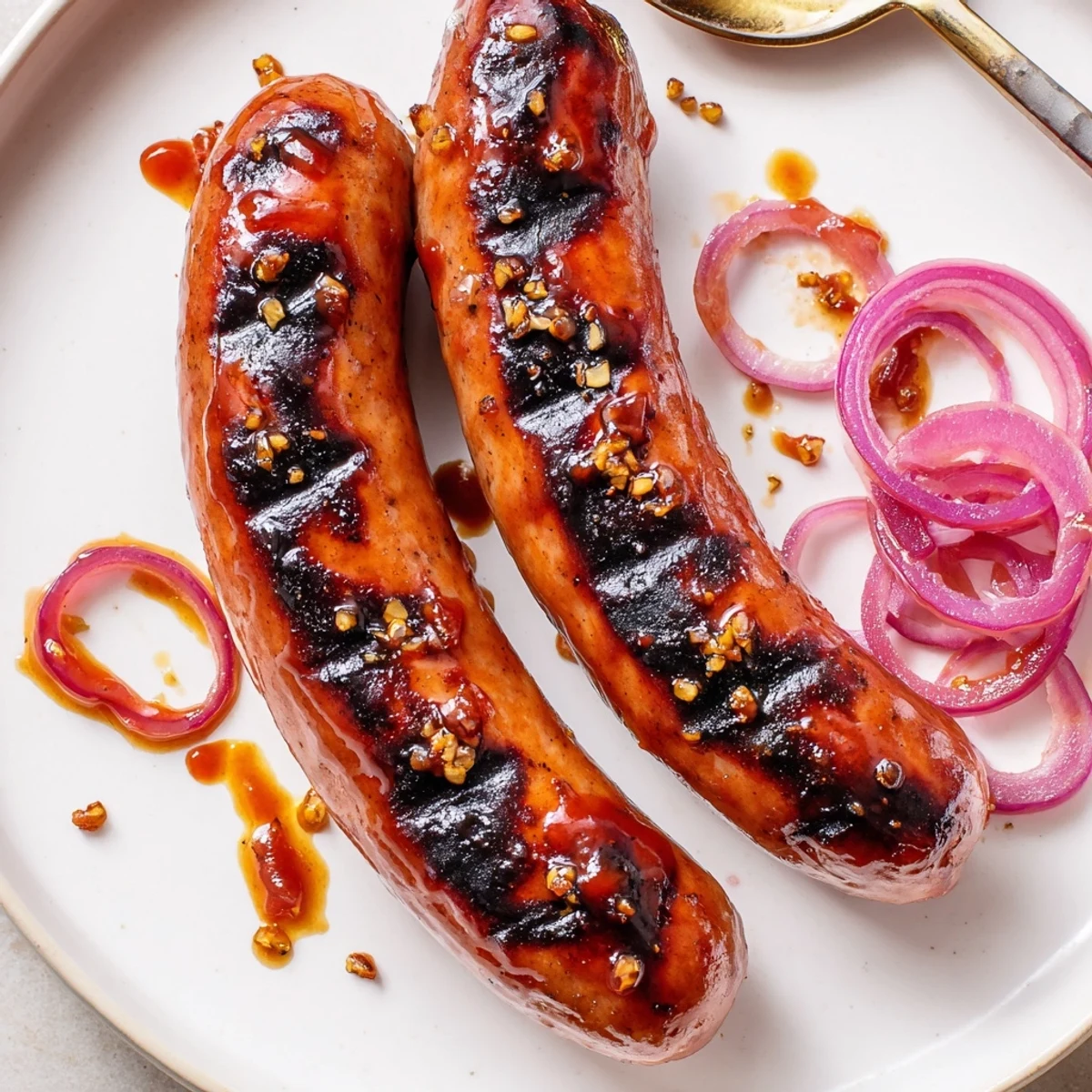 Golden brown BBQ Sausage Recipe served with crunchy pickles and creamy coleslaw