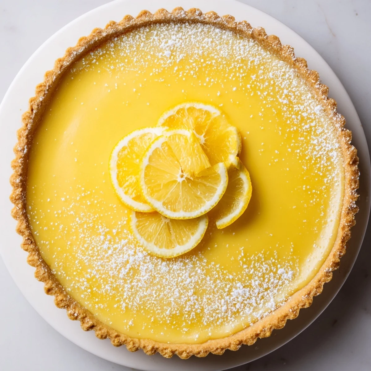 Close-up Creamy Lemon Tart Recipe showing smooth custard, crisp edge, lemon zest