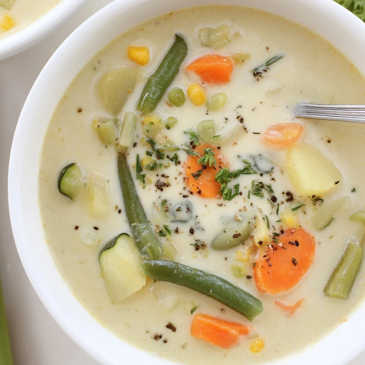 Bowl of Creamy Vegetable Soup Recipe with crusty bread, warm, savory aroma