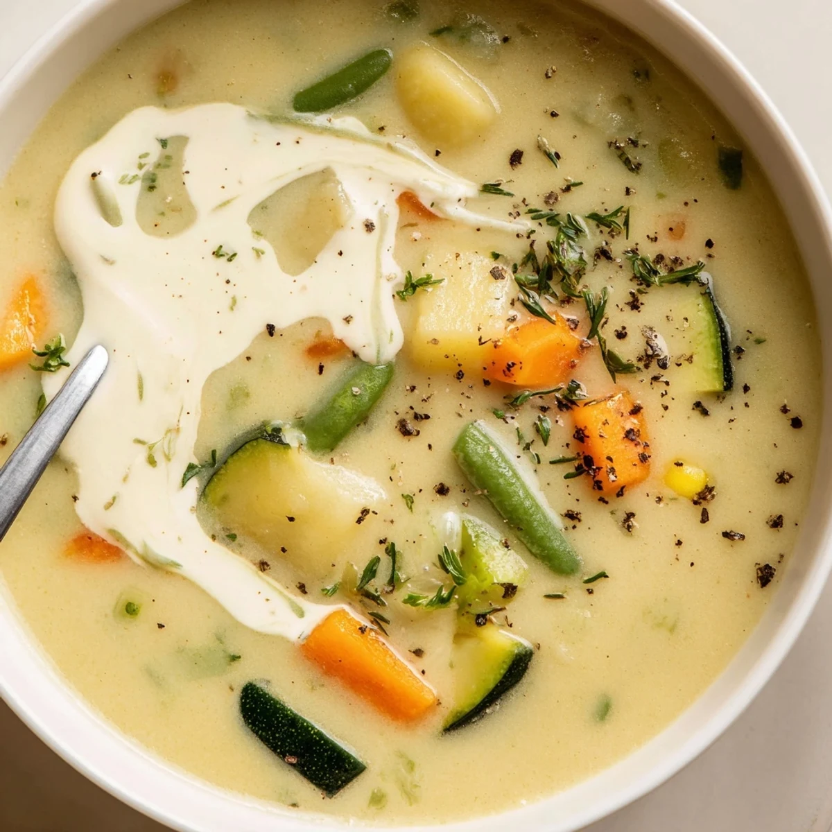 Creamy Vegetable Soup Recipe blended with immersion blender, smooth, fragrant and warm