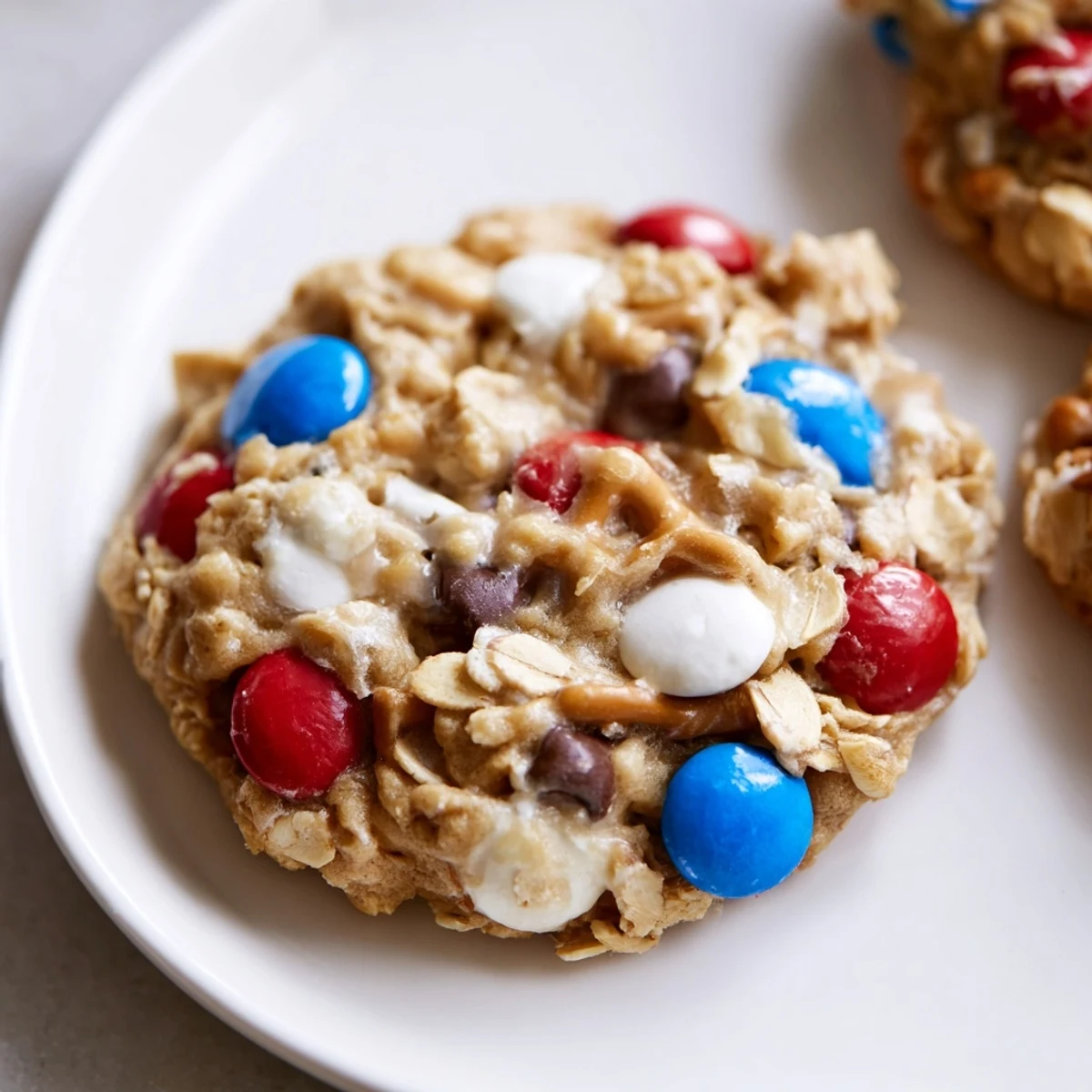 Fresh-baked Patriotic Monster Cookies Recipe cooling on rack, gooey chocolate chips visible