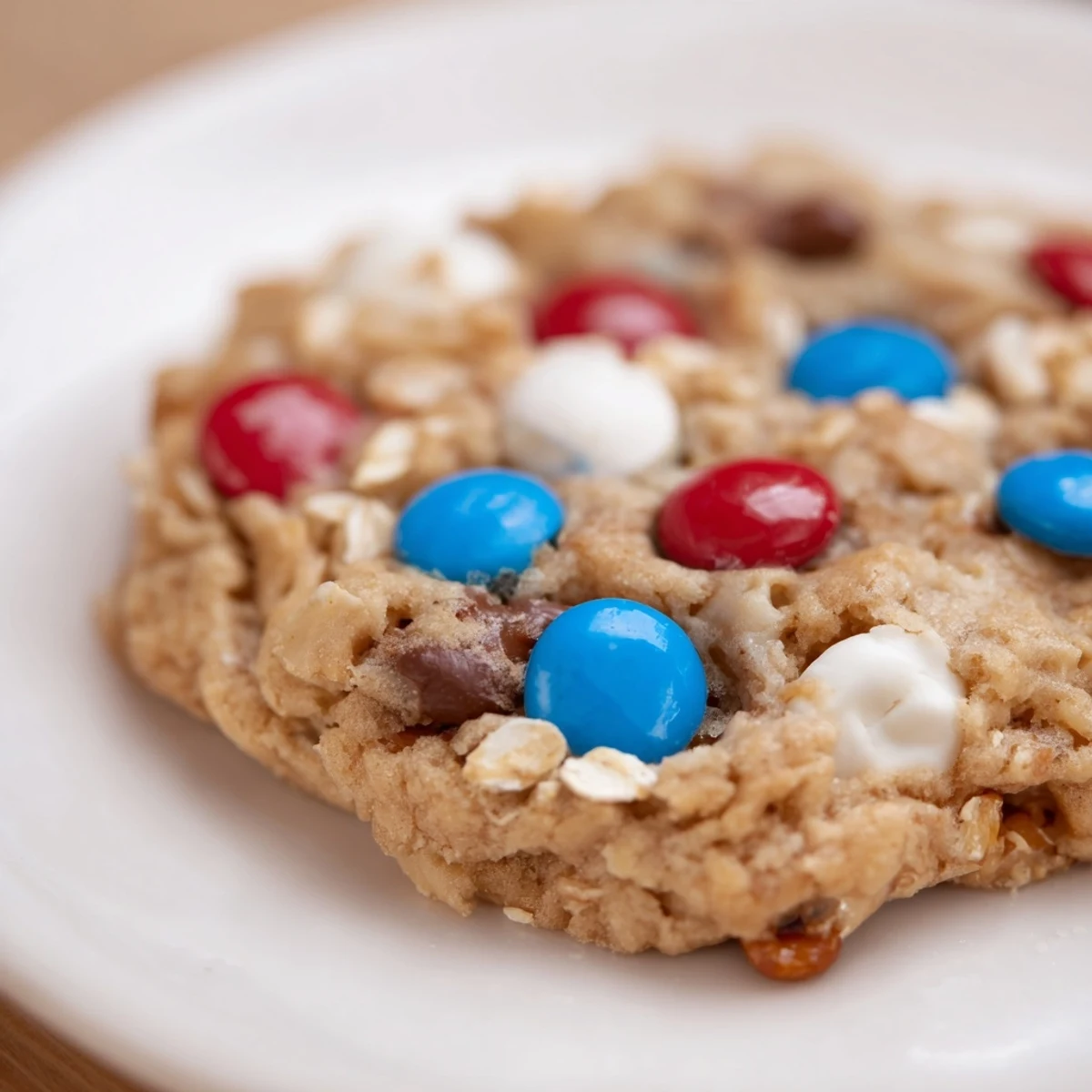 Warm Patriotic Monster Cookies Recipe with chewy oats, peanut butter, and colorful candies