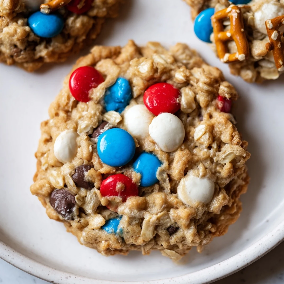 Serve Patriotic Monster Cookies Recipe at picnics with napkins, crunchy pretzel bits