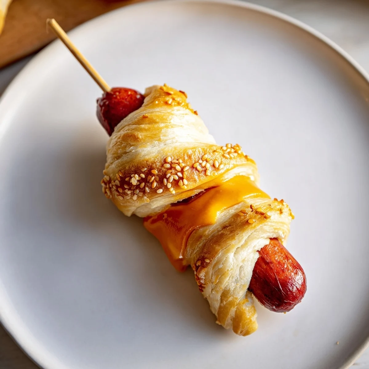 Warm Firecracker Hot Dogs on skewers, sesame-speckled, served with ketchup.
