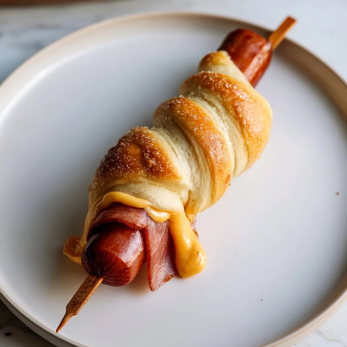 Firecracker Hot Dogs wrapped in golden crescent dough, brushed with butter.