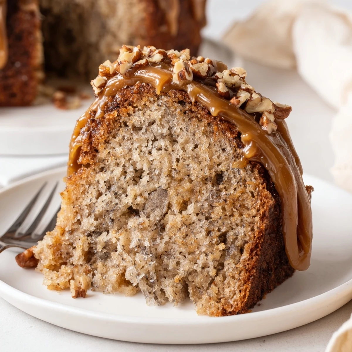 A slice of Salted Caramel Brown Butter Banana Cake on a plate, moist