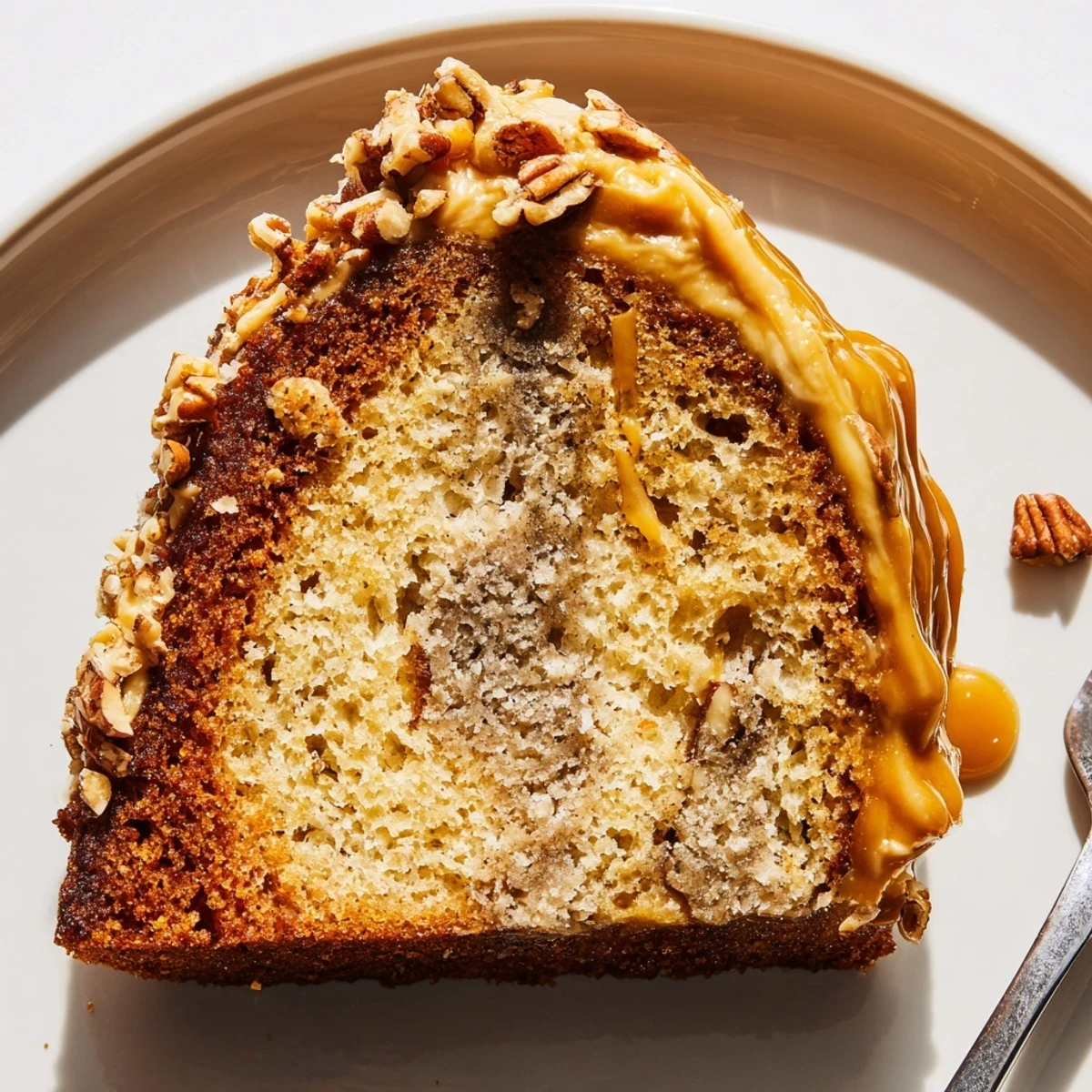 Salted Caramel Brown Butter Banana Cake drizzled with glossy caramel, flaky sea salt