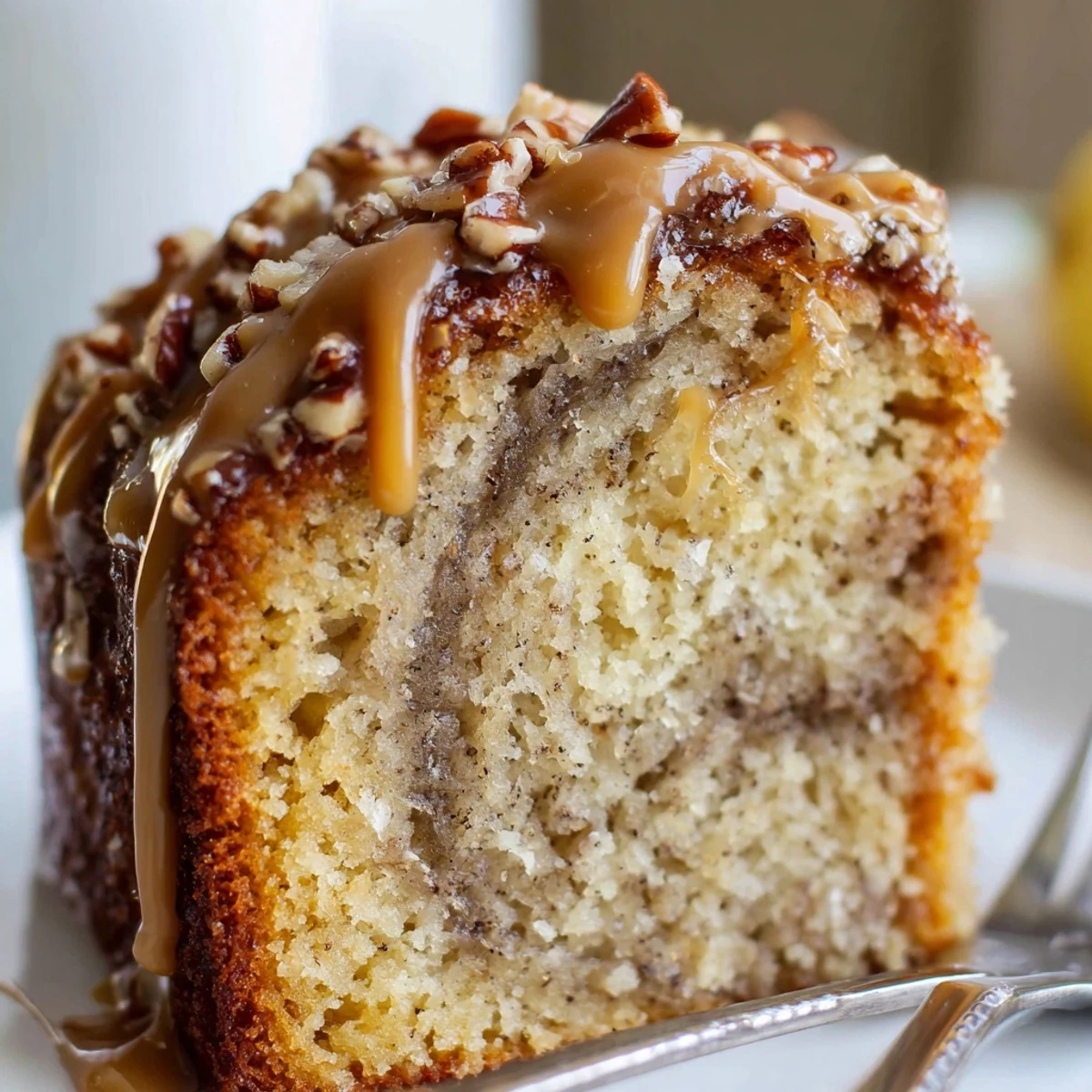 Warm Salted Caramel Brown Butter Banana Cake topped with toasted pecans, butter aroma