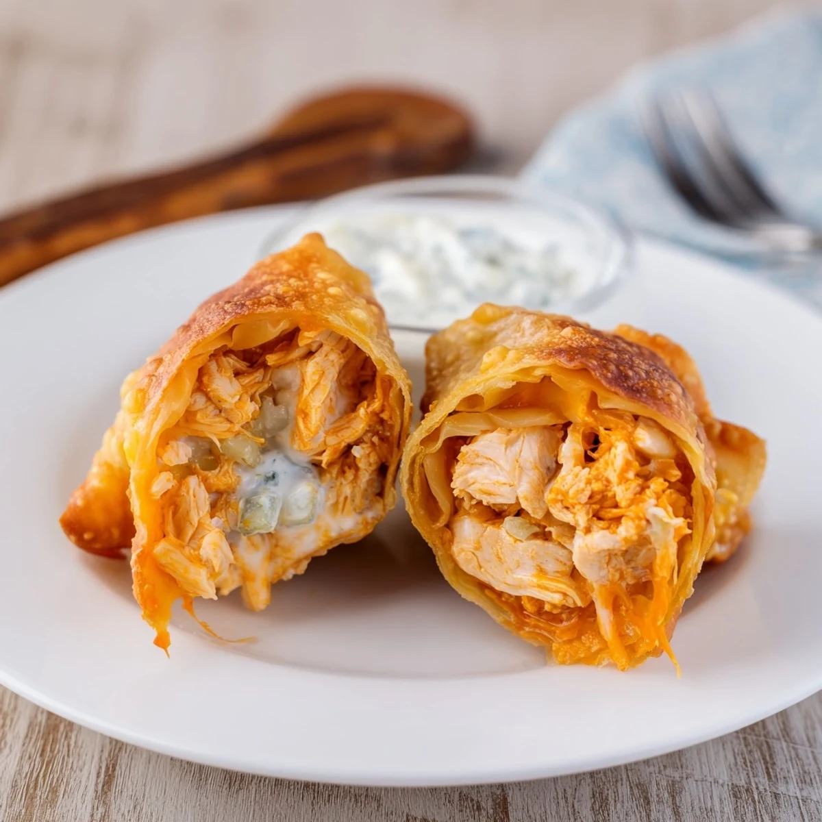 Crispy golden Buffalo Chicken Egg Rolls Recipe displayed with ranch for dipping.