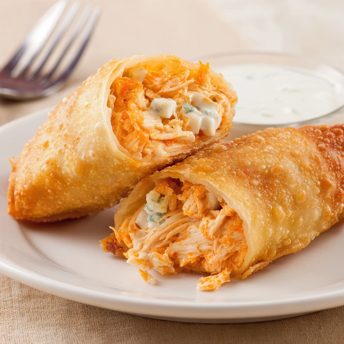 Close-up of steaming Buffalo Chicken Egg Rolls Recipe, melty cheese oozing inside.