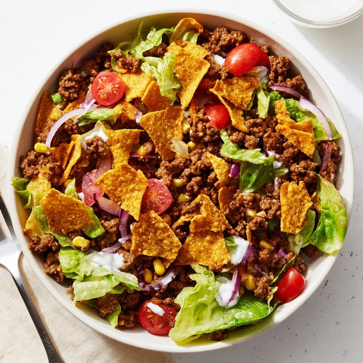 Simple Doritos Taco Salad piled high with crunchy chips and sizzling beef