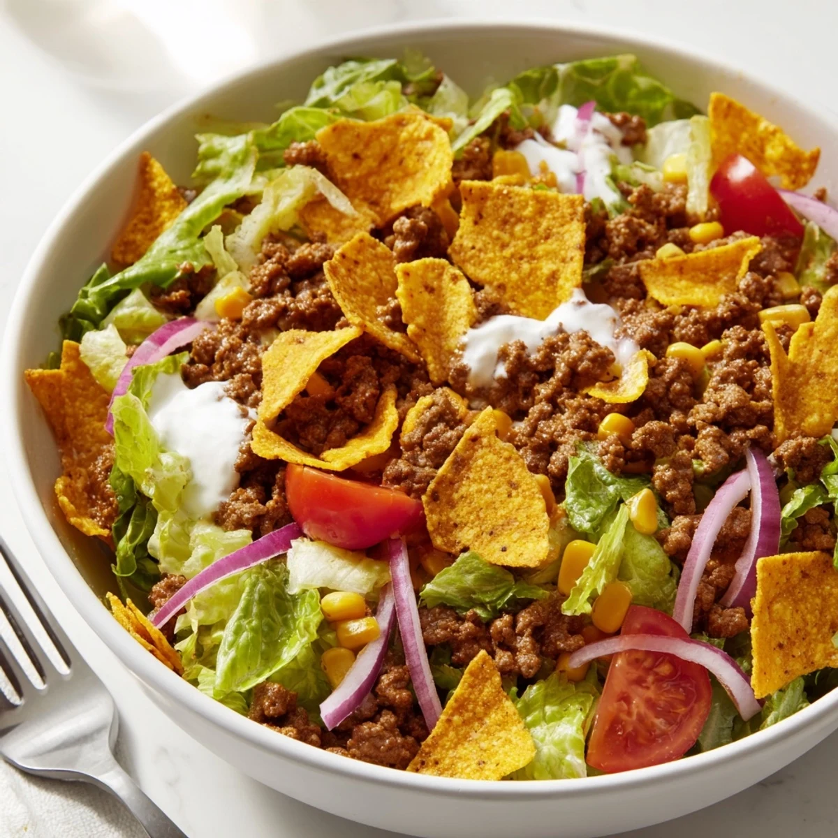 Family-style platter served immediately to keep Simple Doritos Taco Salad crisp