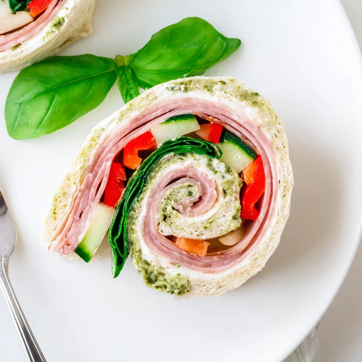 Italian Pinwheel Sandwiches arranged on platter, colorful layers of salami and provolone.