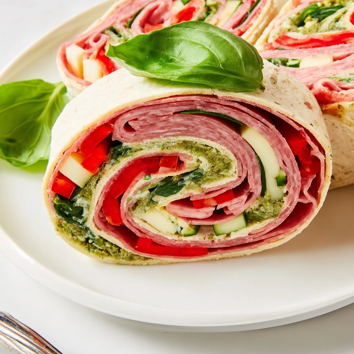 Party-ready Italian Pinwheel Sandwiches, handheld bites bursting with bell pepper and spinach.