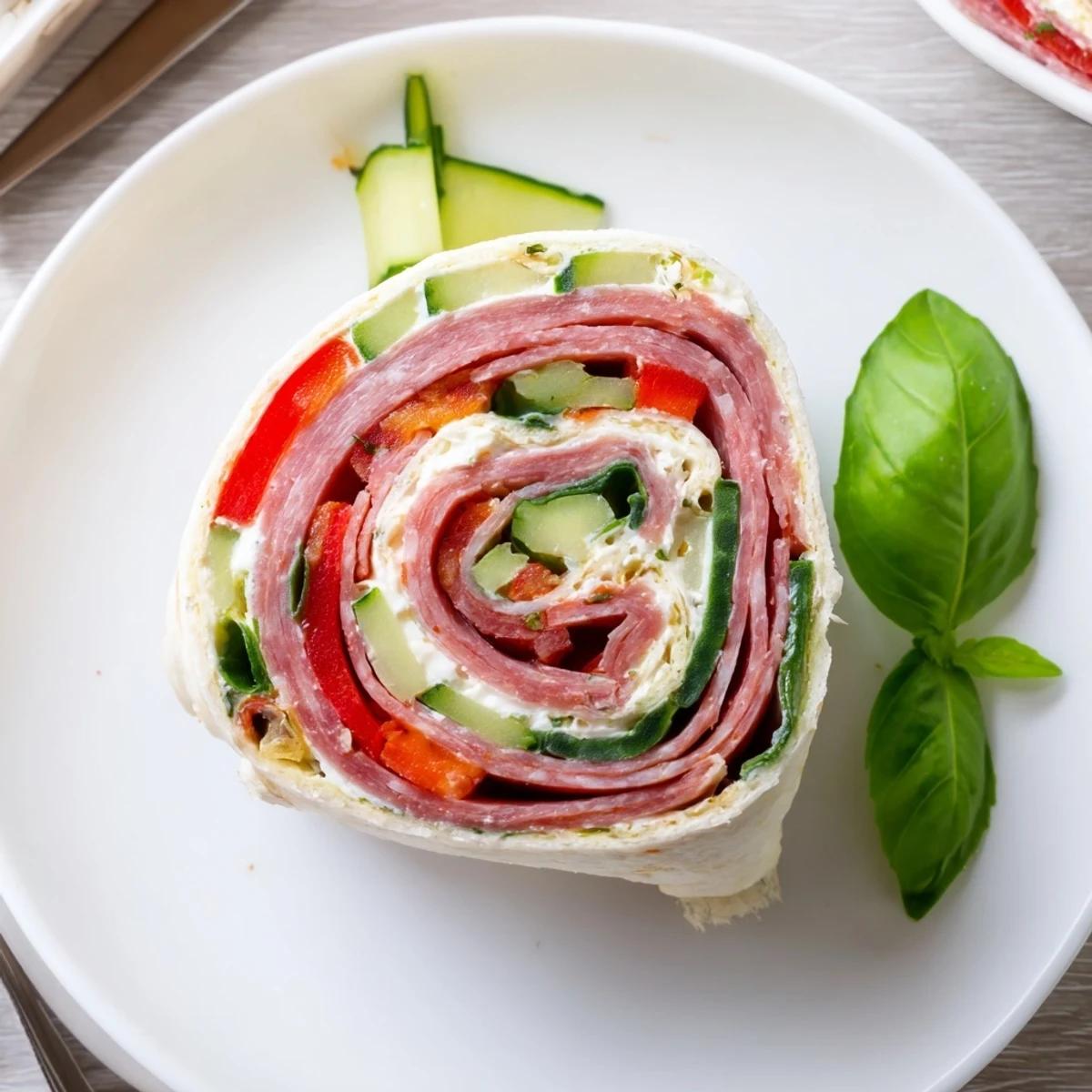 Chilled Italian Pinwheel Sandwiches with creamy pesto swirl, crisp cucumber and basil.