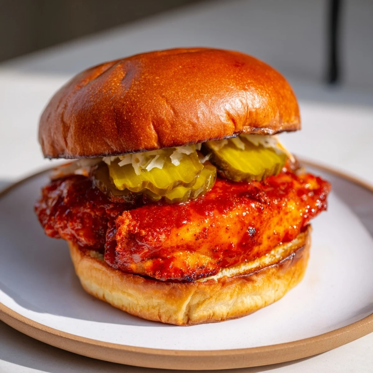 Spicy Nashville Hot Chicken Sandwiches with glossy cayenne glaze, crunchy pickles and slaw