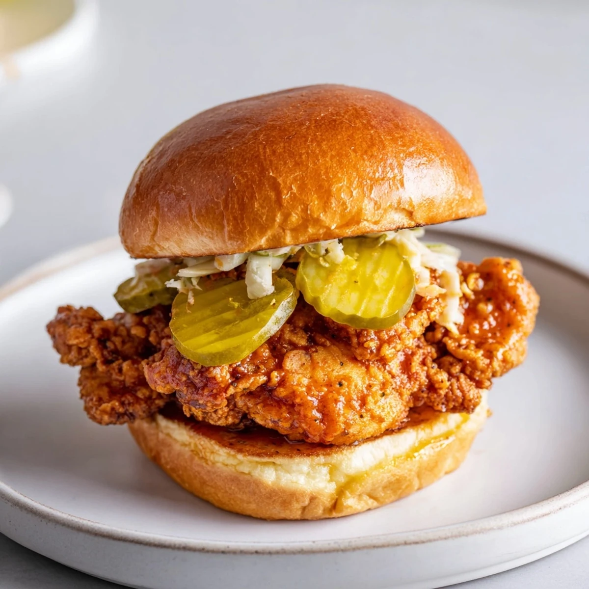 Buttered brioche holding Spicy Nashville Hot Chicken Sandwiches, juicy thighs and creamy slaw