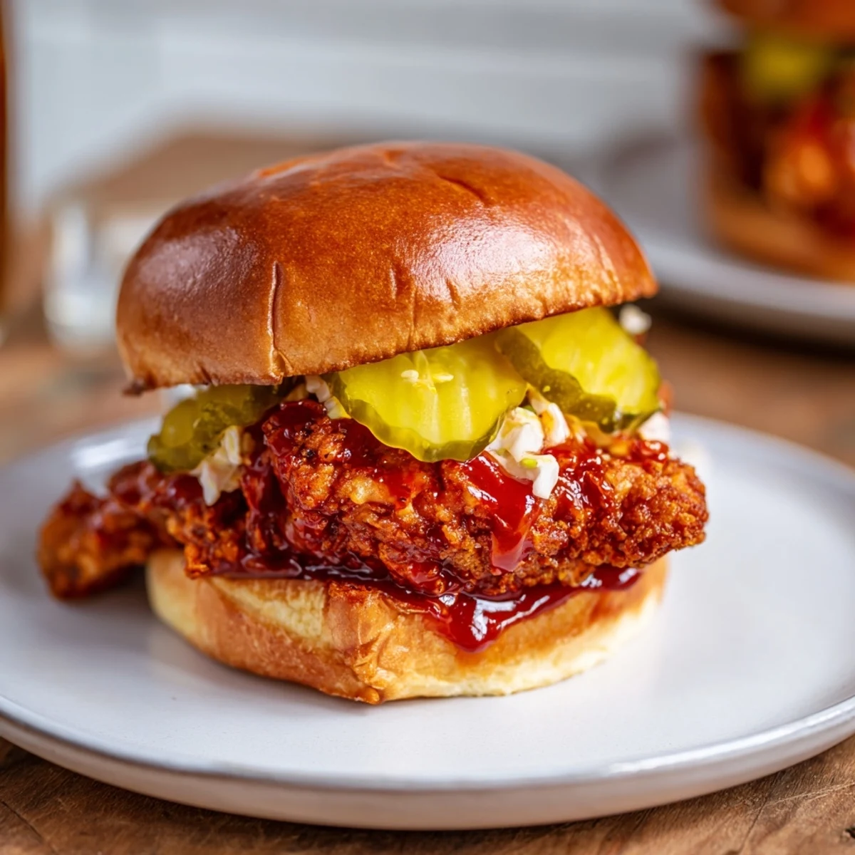 Crispy, fiery Spicy Nashville Hot Chicken Sandwiches served with cold dill pickles, iced tea