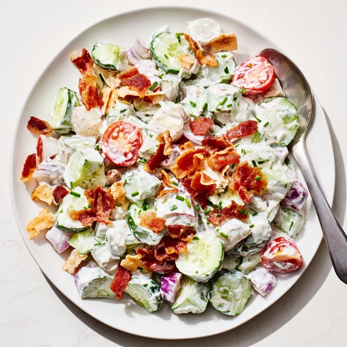 Creamy Cucumber Ranch Crack Salad glistening with cheddar, chives, picnic ready