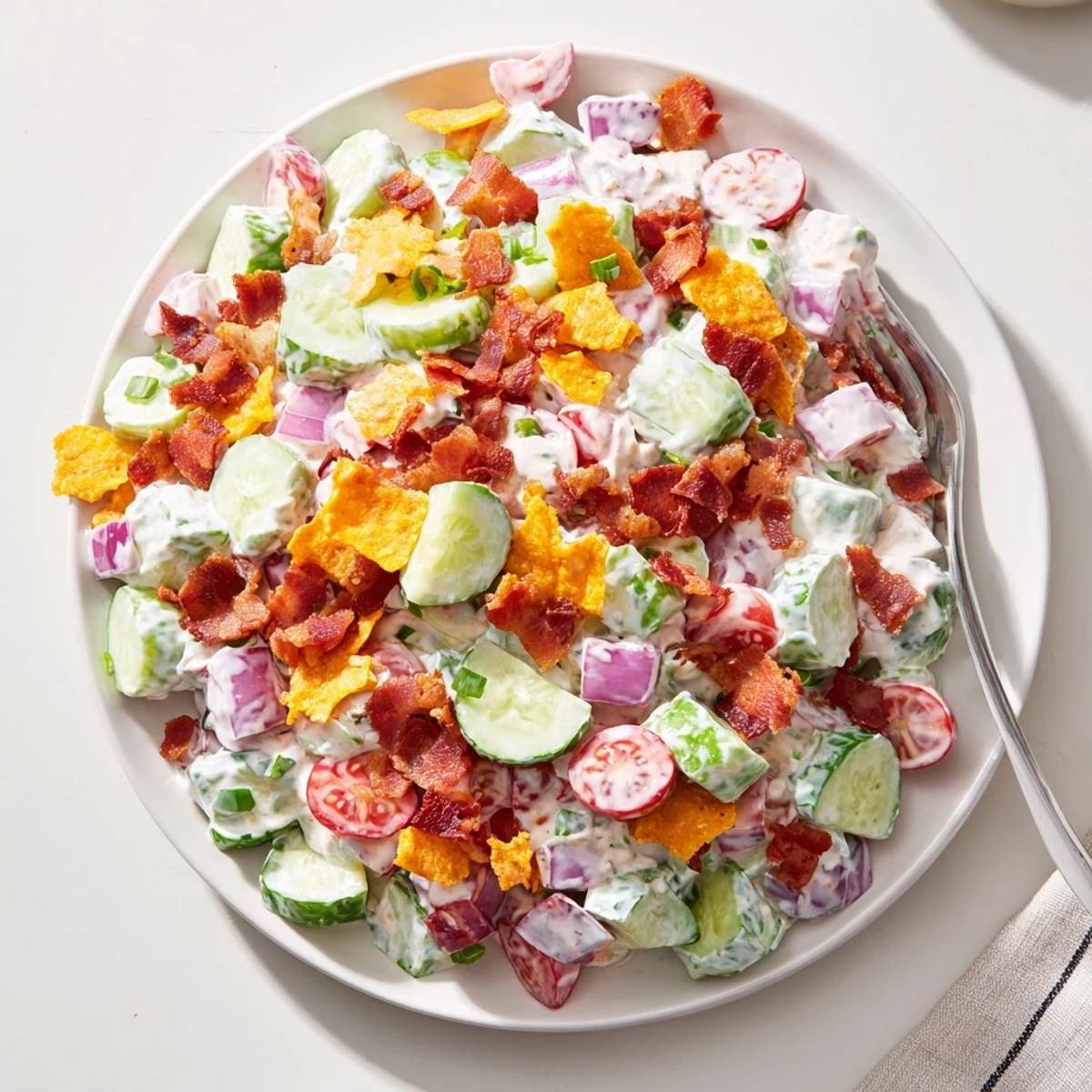 Cucumber Ranch Crack Salad piled in bowl with crunchy bacon and chips