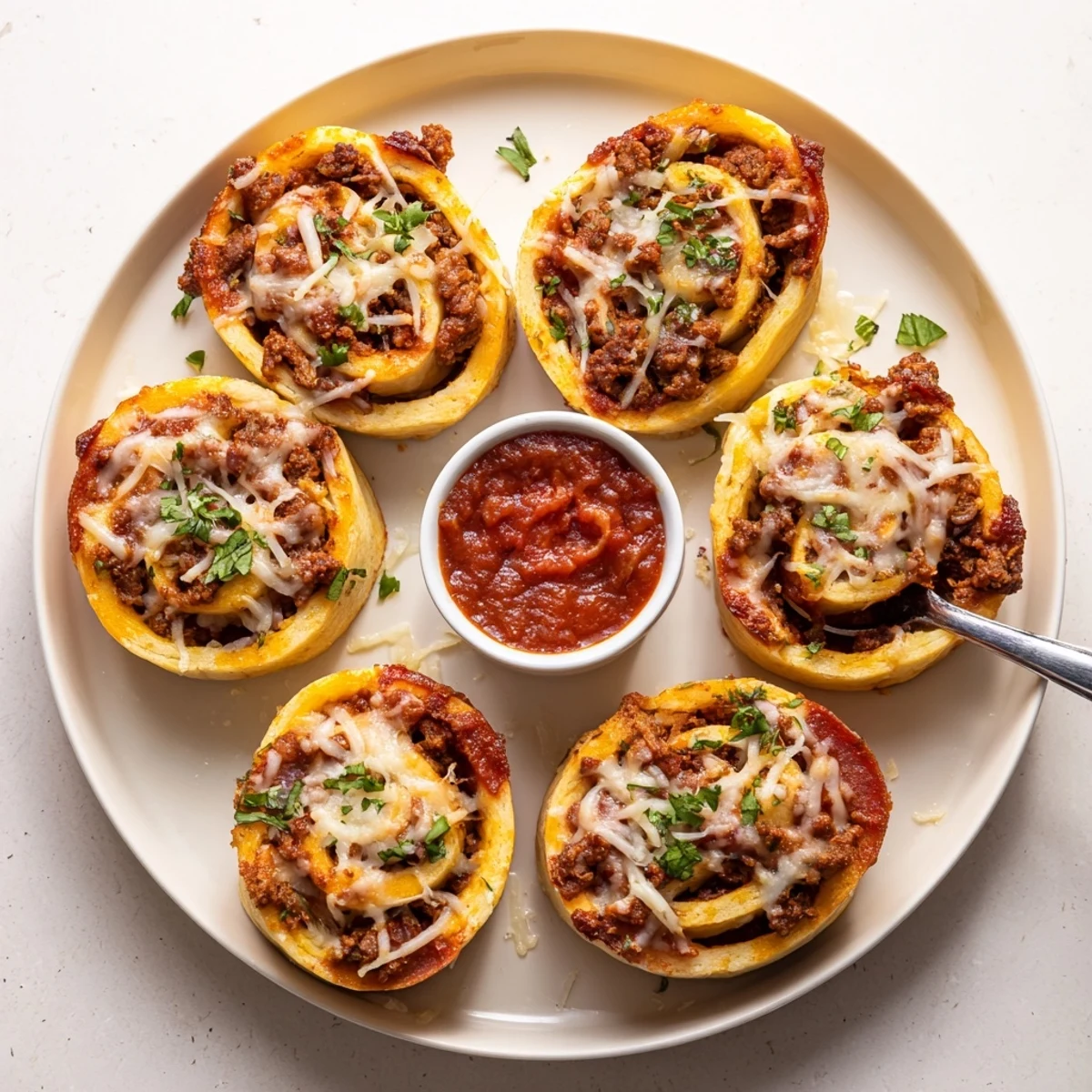 Cheesy Beef Pepperoni Pizza Roll Ups Snack Recipe showing golden baked spirals, gooey cheese