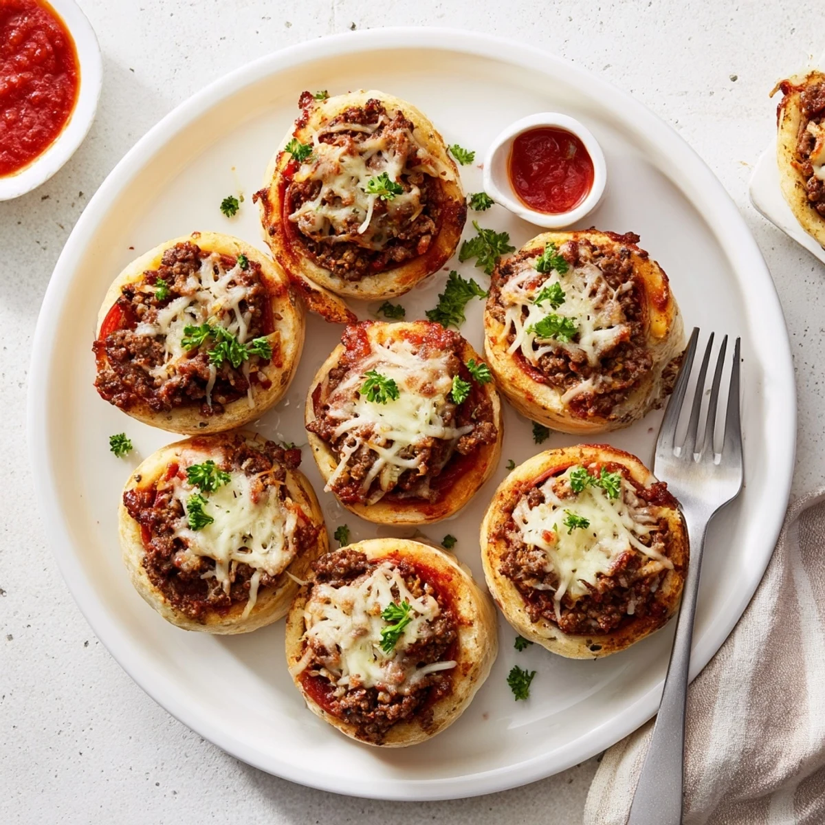 Warm Cheesy Beef Pepperoni Pizza Roll Ups Snack Recipe served with rich pizza sauce