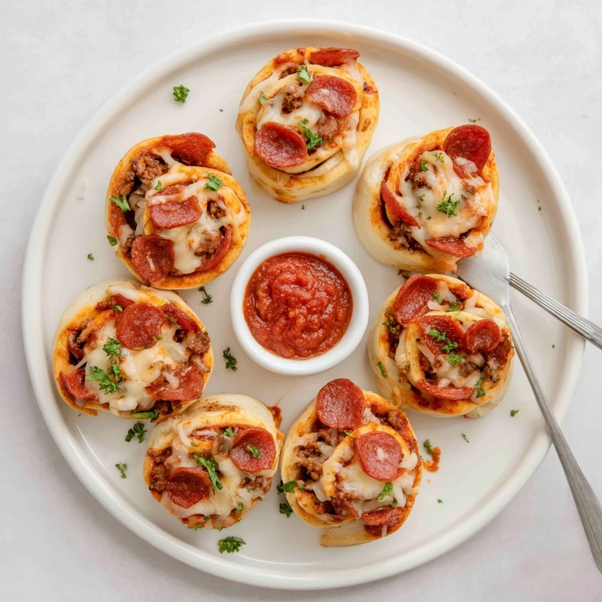Freshly baked Cheesy Beef Pepperoni Pizza Roll Ups Snack Recipe, crispy edges, melty center