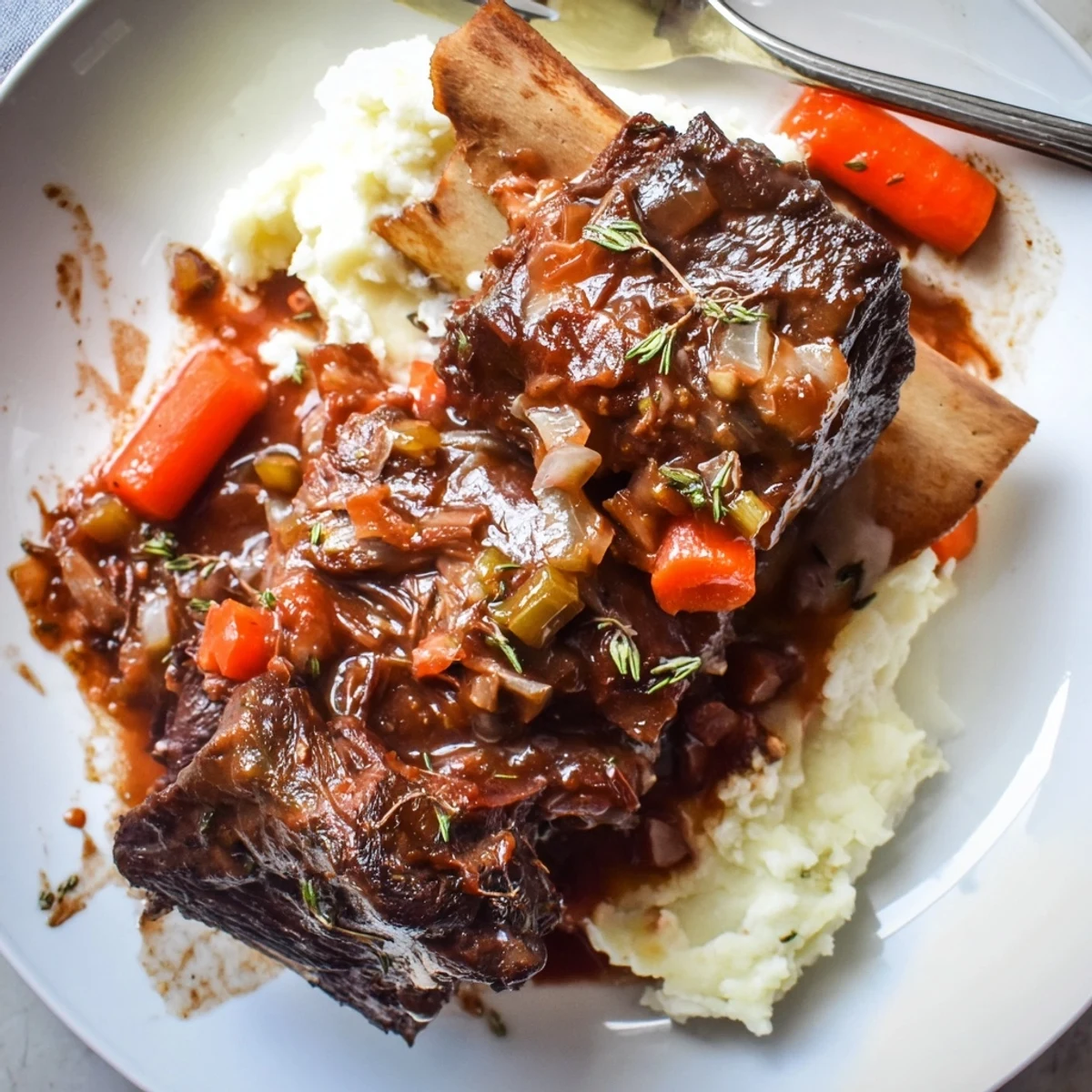 Glistening Slow Cooker Beef Short Ribs bathed in rich red wine sauce
