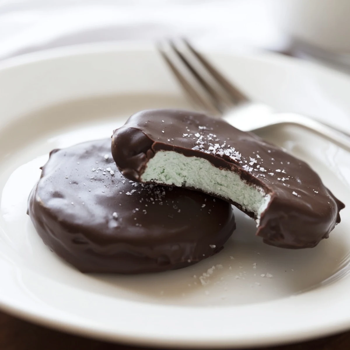 Homemade Peppermint Patties with snowy crushed candy, cooling on a baking sheet