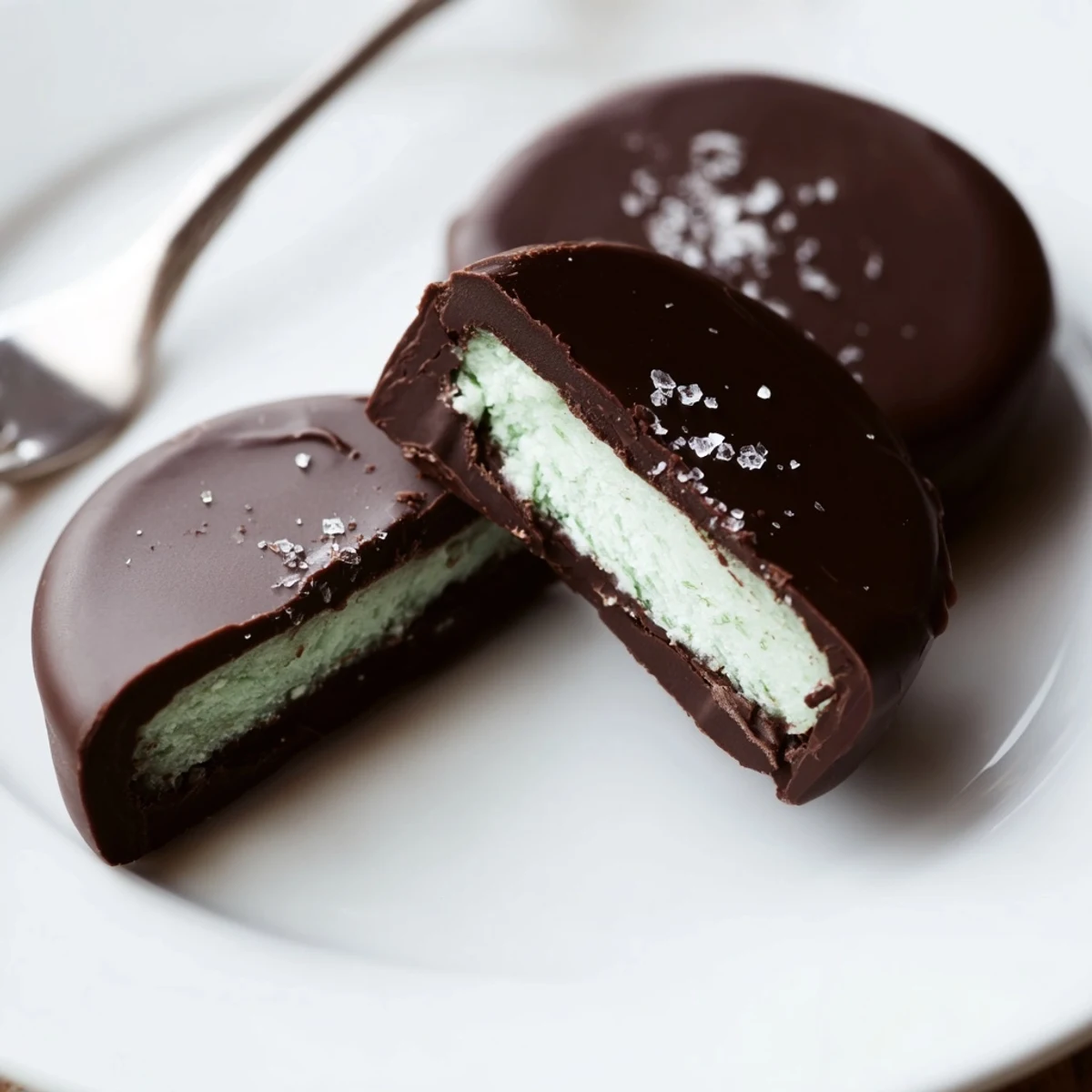 Rich, minty Peppermint Patties cut open to show creamy white filling