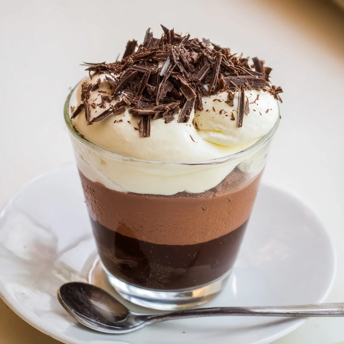 Triple Chocolate Mousse Cups layered in glasses, glossy swirls and cocoa dusting