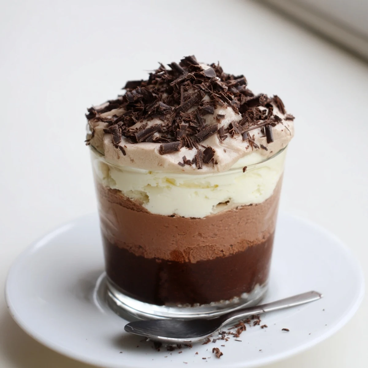 Individual Triple Chocolate Mousse Cups chilled, silky dark, milk, and white layers