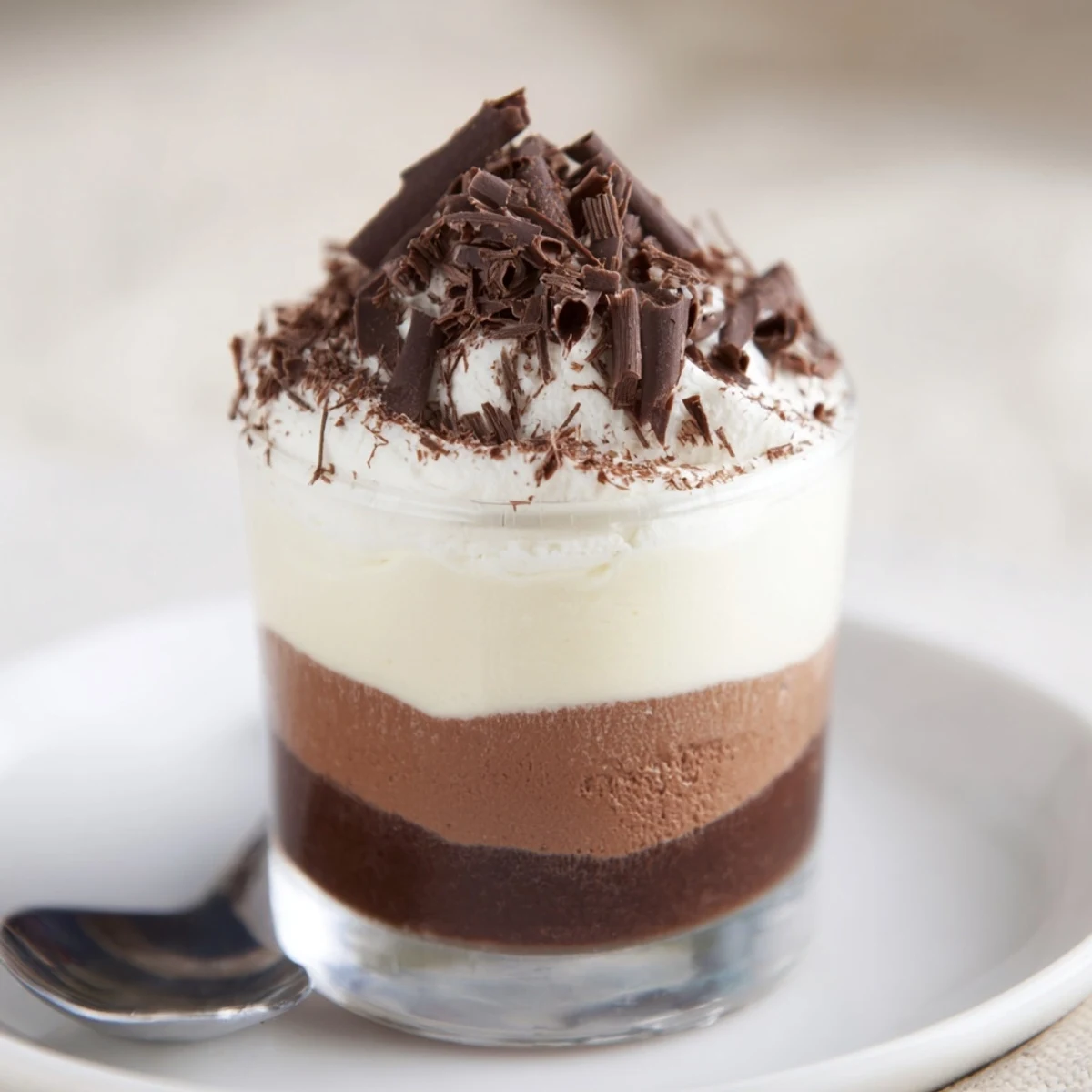 Serve Triple Chocolate Mousse Cups garnished with shaved chocolate, creamy texture visible