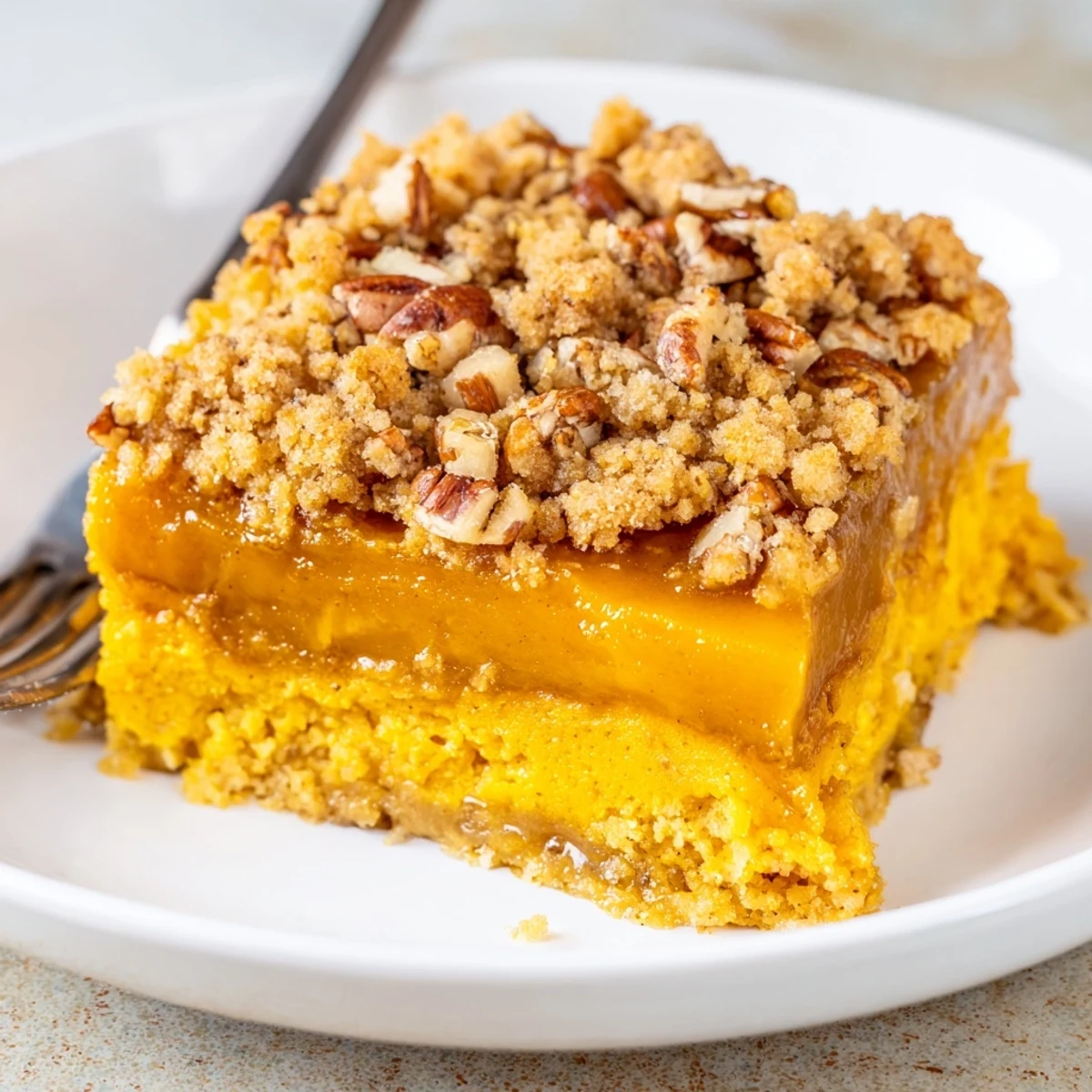 Warm Pumpkin Dump Cake bubbling with spiced pumpkin and crunchy pecan topping