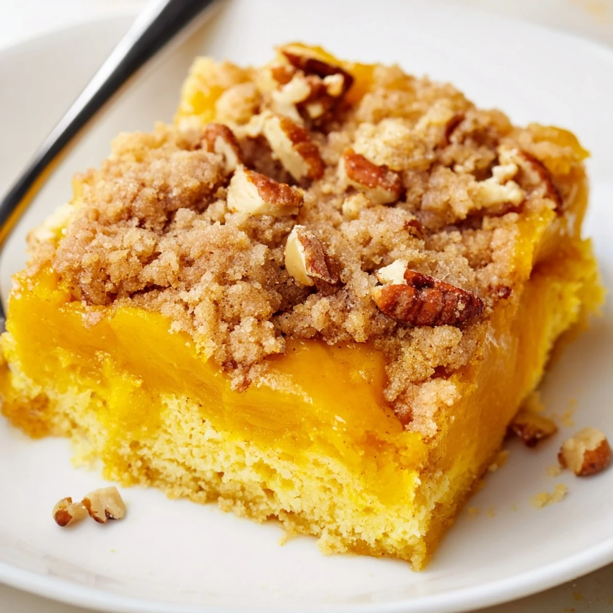 Slices of Pumpkin Dump Cake served with vanilla ice cream, cozy autumn aroma