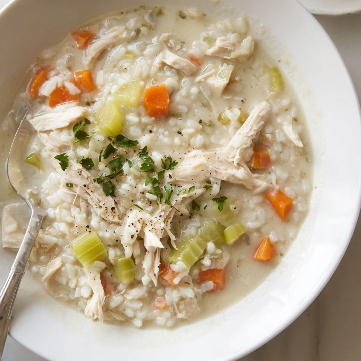 Creamy Chicken Rice Soup steaming in bowl, tender chicken, carrots, fresh parsley