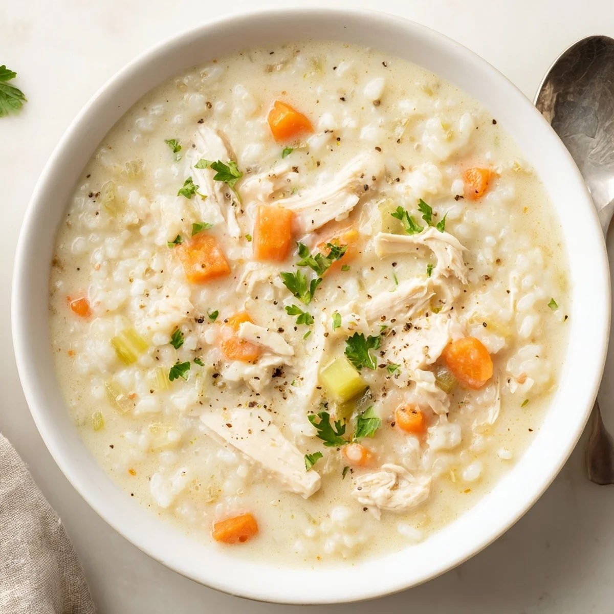 Bowl of Creamy Chicken Rice Soup ladled hot, thick broth, crusty bread