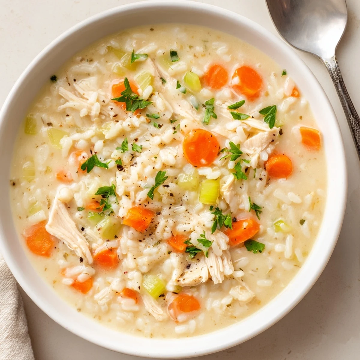 Spoonful of Creamy Chicken Rice Soup showing rice grains, silky, savory creaminess