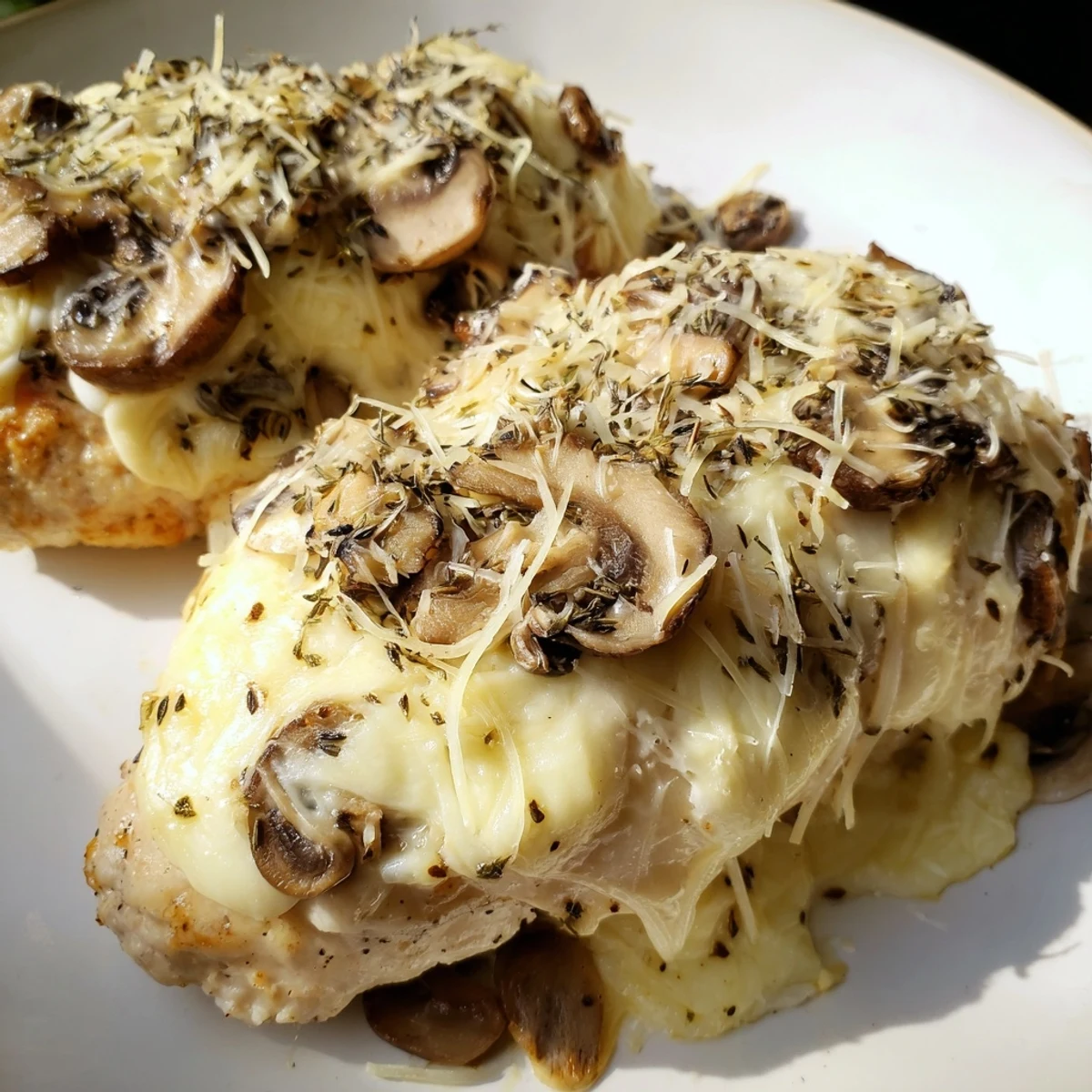 Golden cheesy baked chicken with mushrooms served hot from the oven