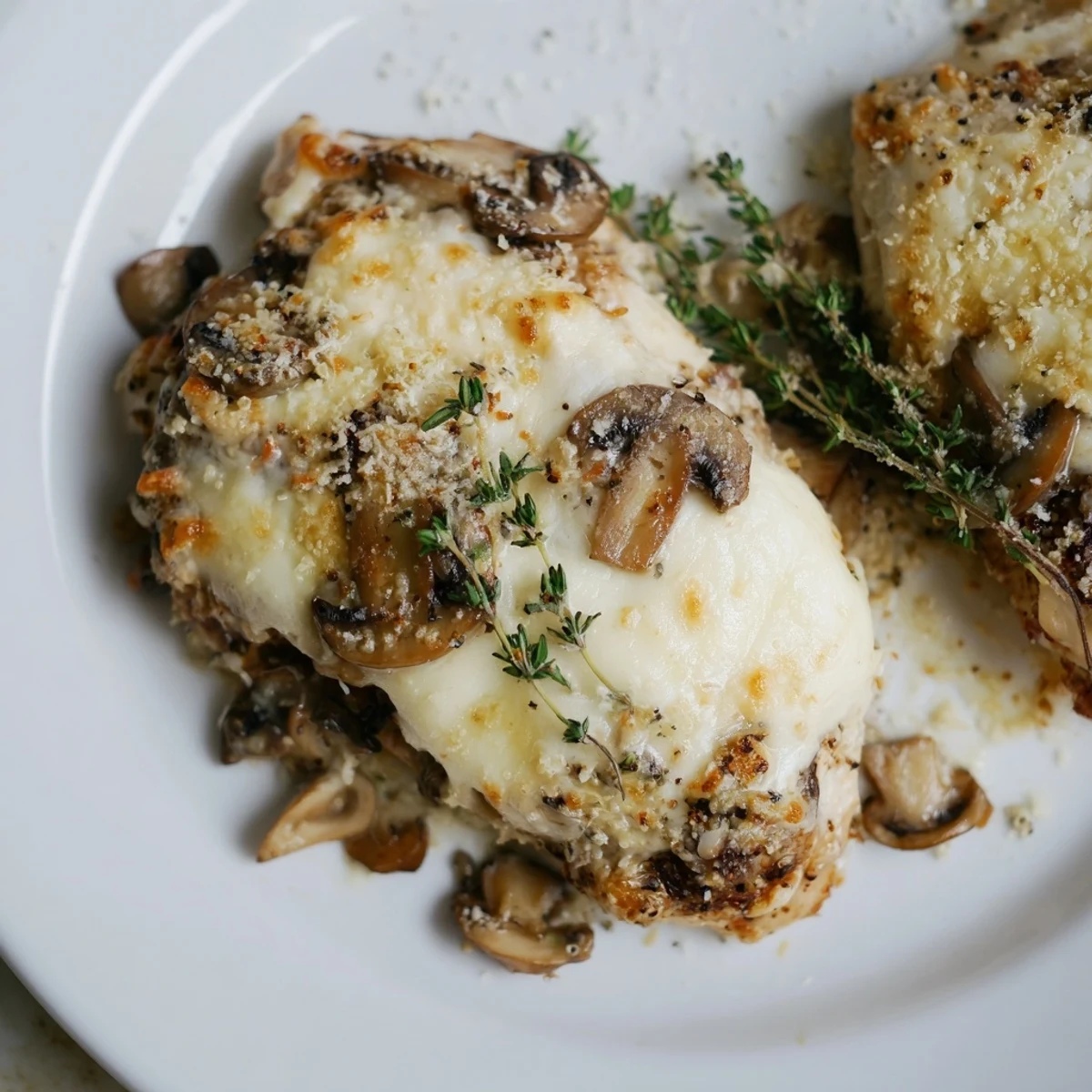 Tender chicken breasts topped with melted mozzarella and savory sautéed mushrooms