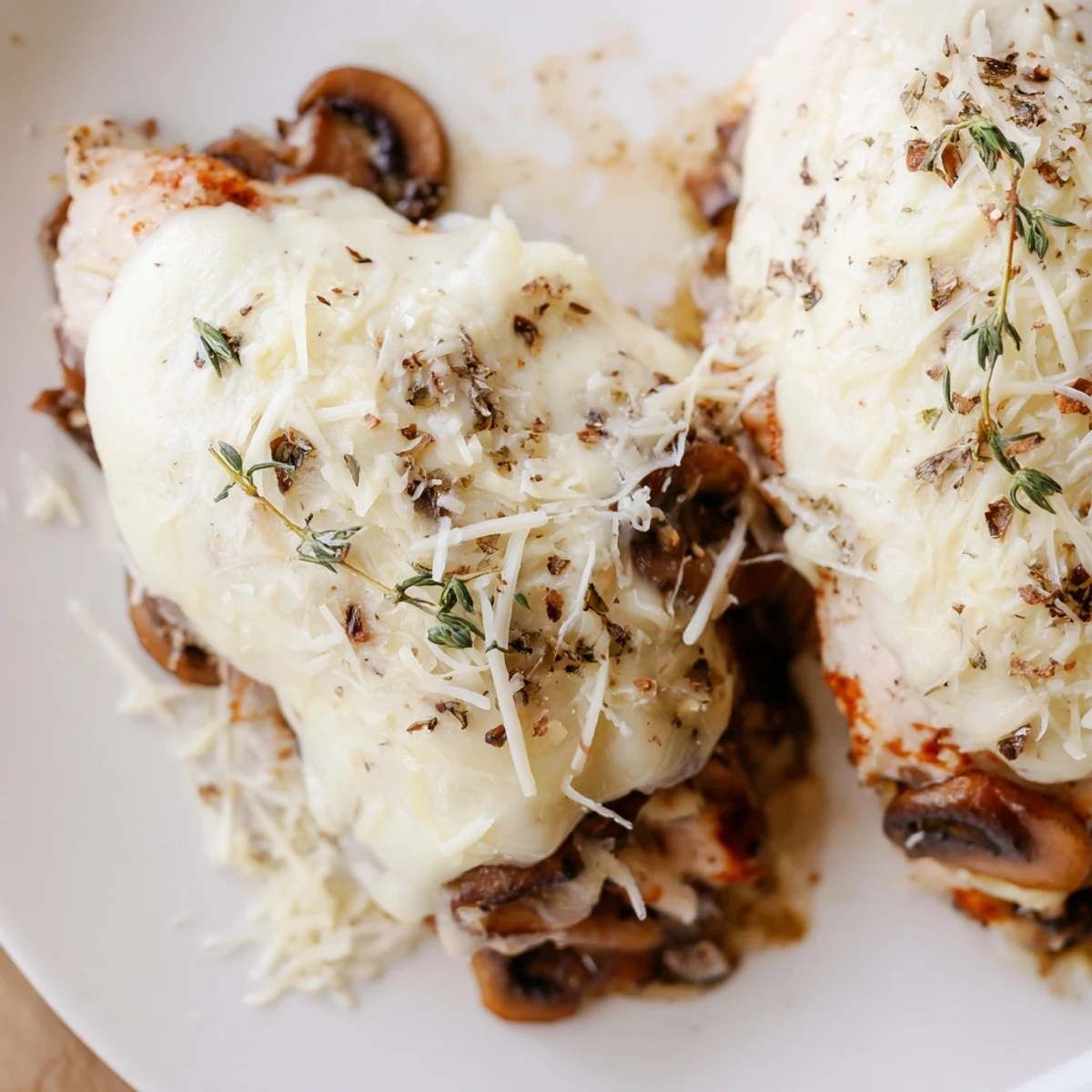 Comforting cheesy baked chicken dish featuring bubbling cheese and earthy mushroom slices